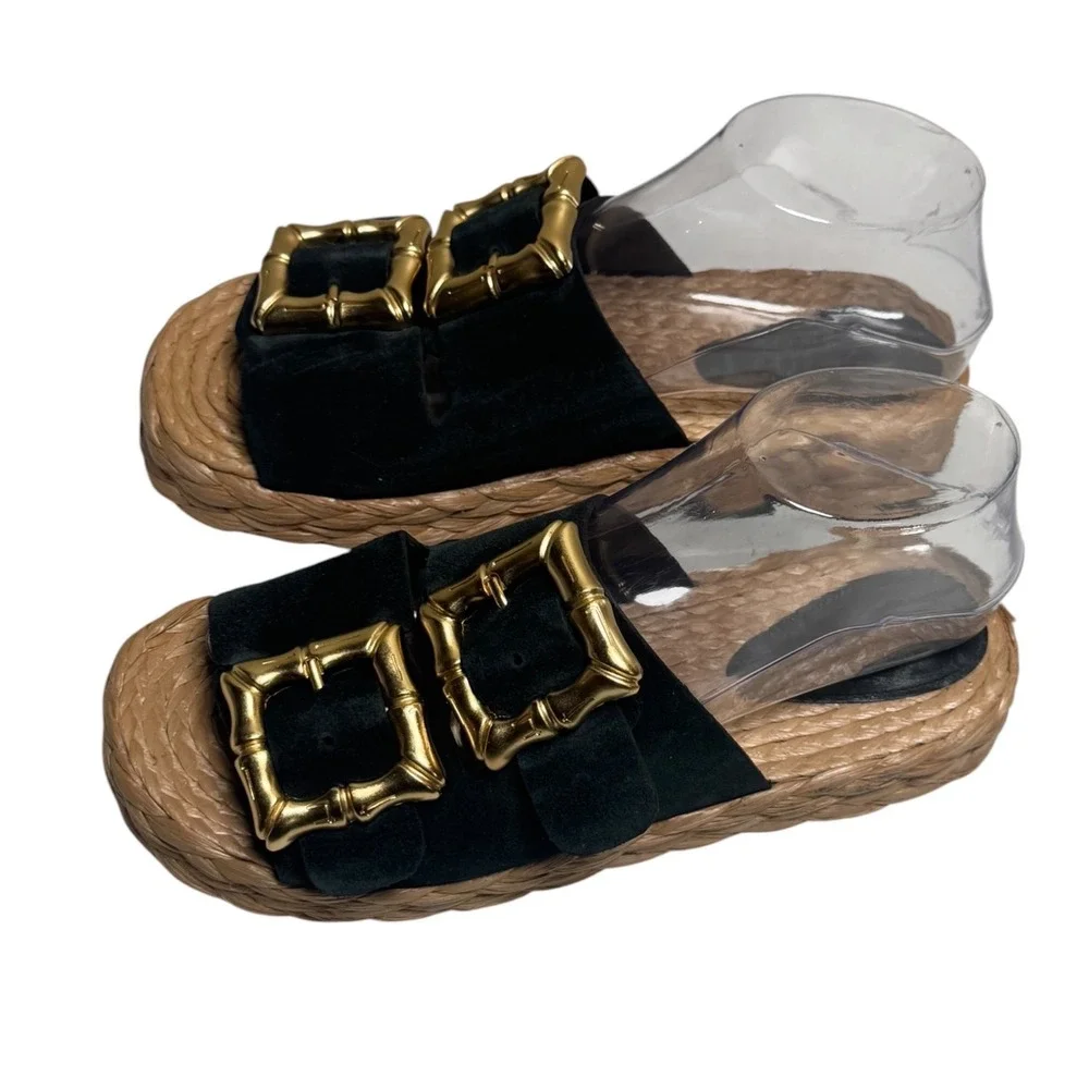 Schutz Enola Rope Platform Sandal Black Suede Gold Bamboo Buckle Womens 7.5B